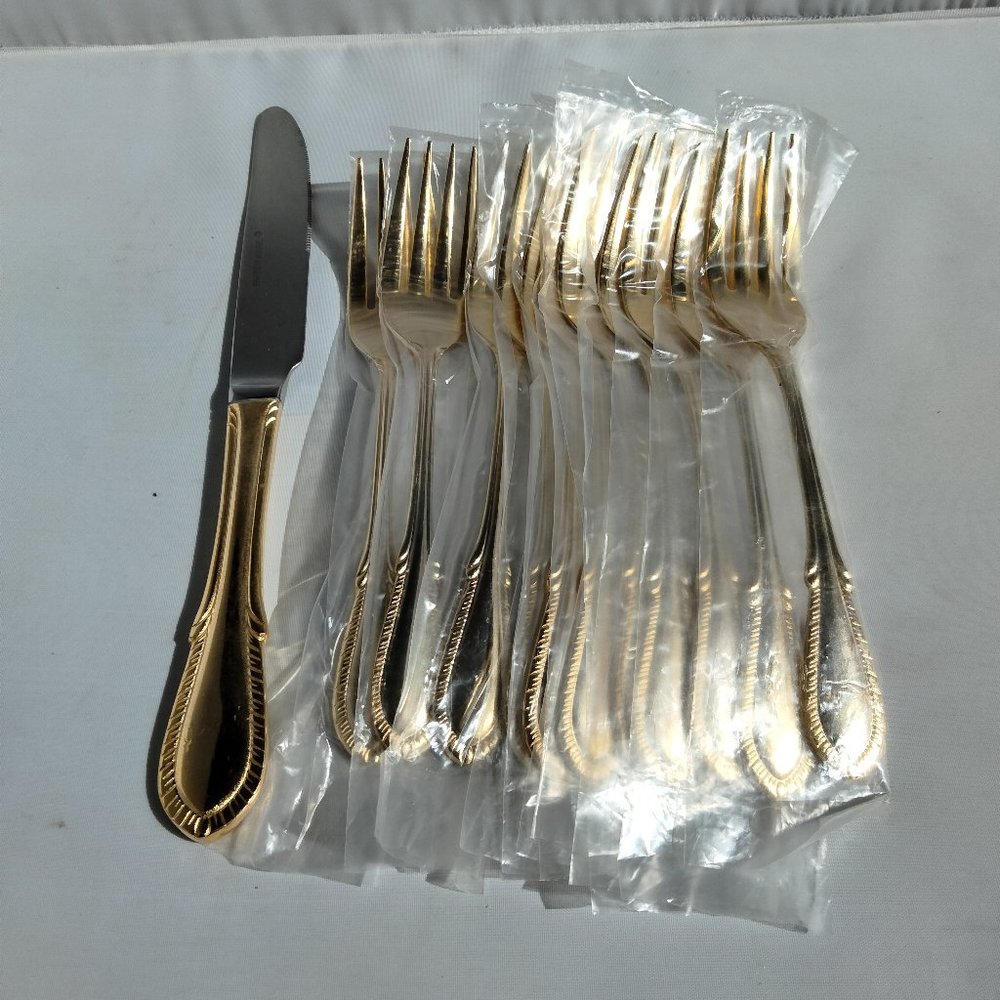 11pcs FARBERWARE BREEZE GOLD Salad Forks + bonus knife NOS